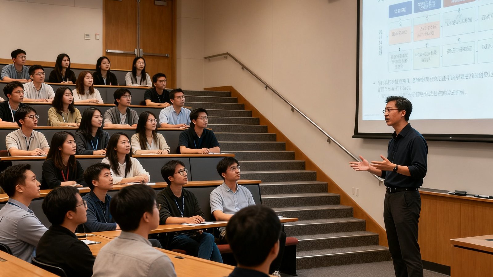 体育经纪人培训课程现场，30名学员在阶梯教室中听课，讲师正在大屏幕前分析真实案例